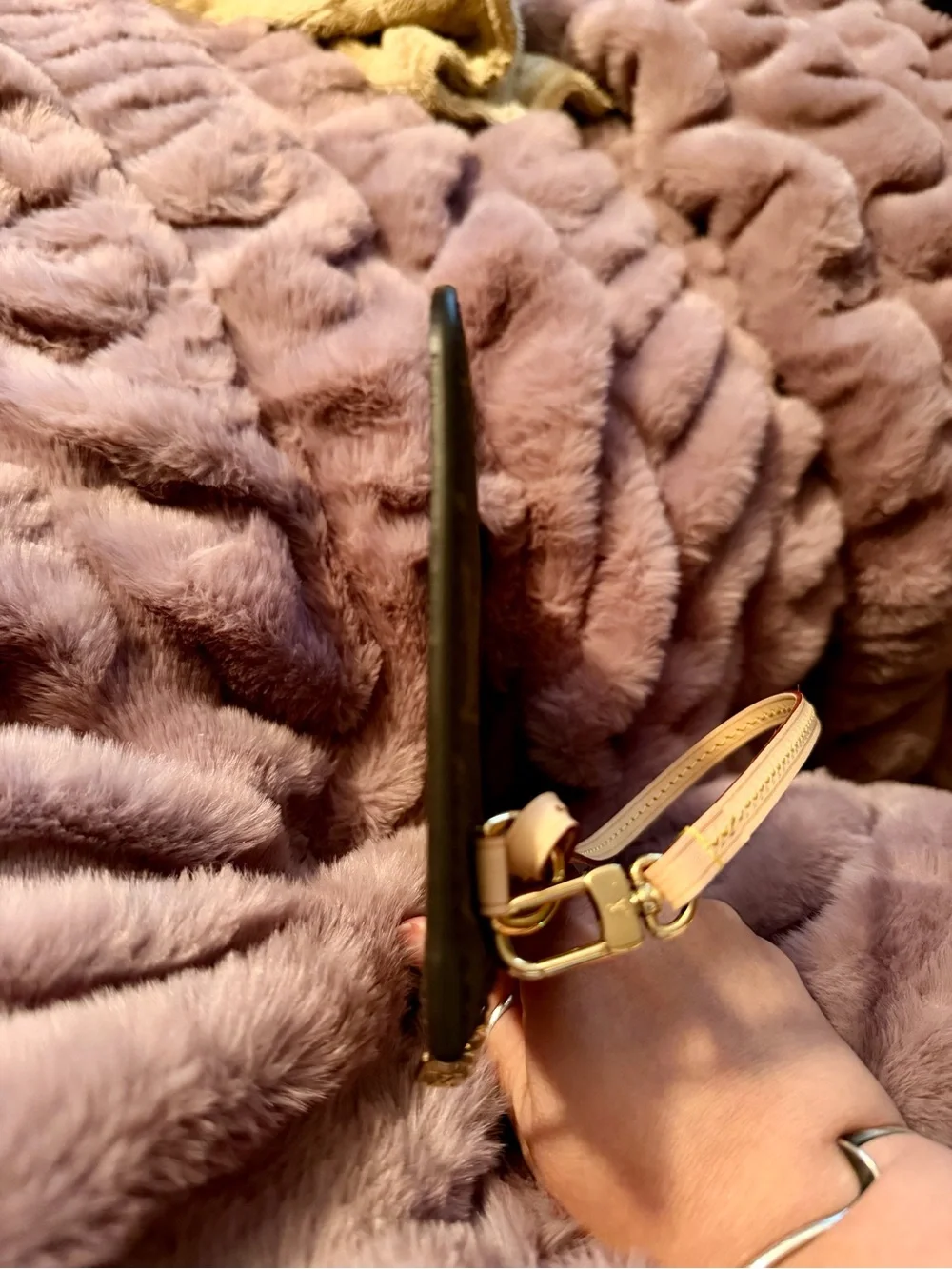 Louis Vuitton Brown Monogram Wristlet with Tan Strap